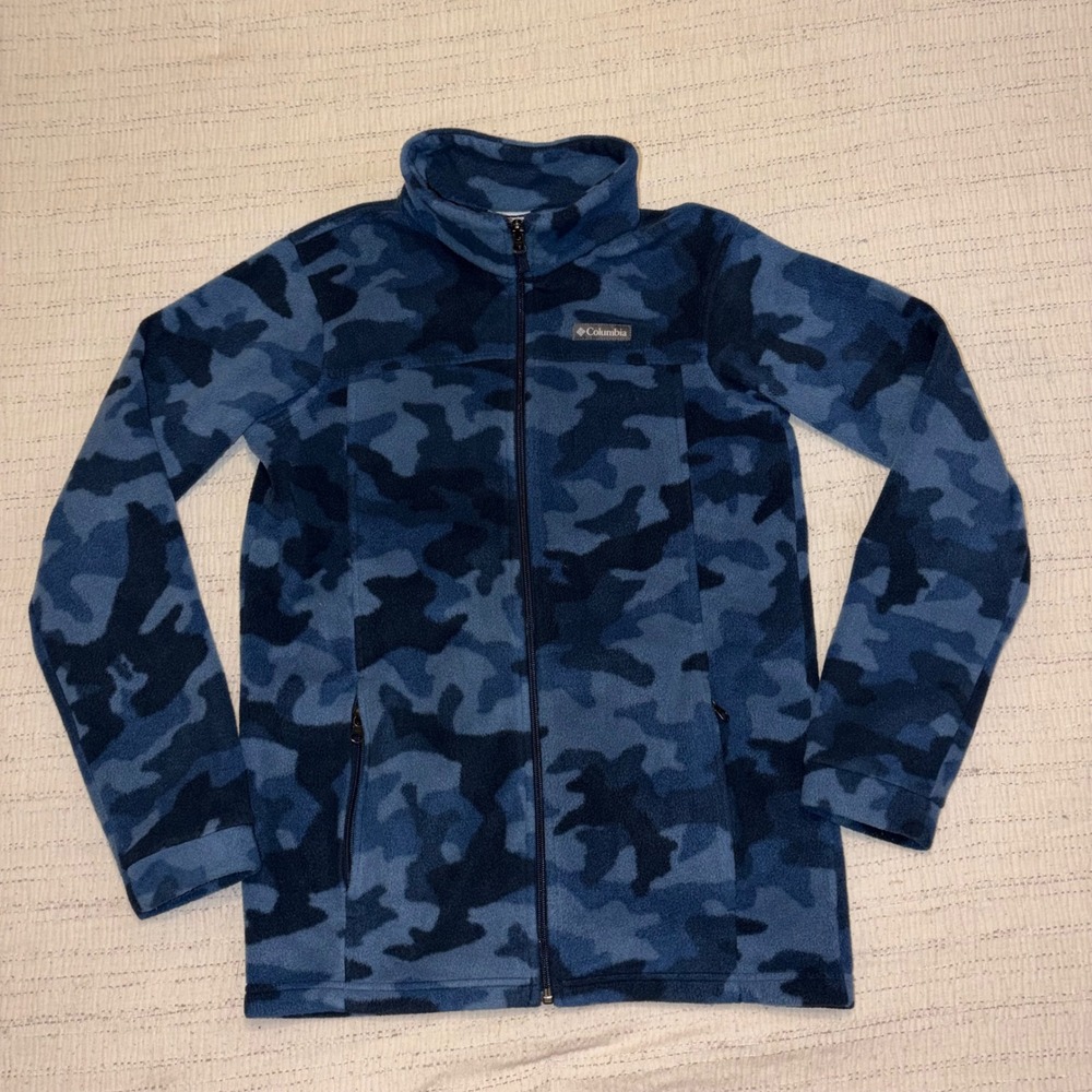 Columbia Boys Blue Camo Full‎ Zip Fleece Jacket Mock Neck XL 18/20